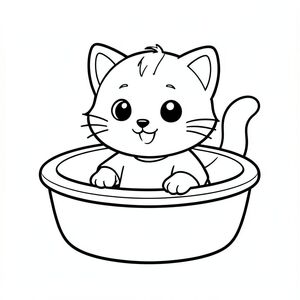 baby cat playing in simpe bath tube, happy expression, Kawaii baby cat, big round head, tiny body, short legs, small paws, simple cute pose matching activity, large round eyes, small black nose, cute smile, chubby cheeks, 3 small lines on forehead, simple whiskers, 
small ears with inner detail, smooth tail curved, wearing simple shirt, thick bold clean outline, same line weight, no color, no shading, no grayscale, no extra detail, large open spaces, simple background, 
kid friendly style, ages 3 to 6 --ar 2:3