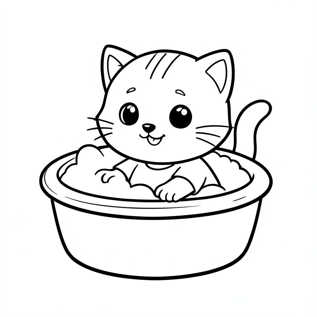 baby cat playing in simpe bath tube, tube full of foam, happy expression, Kawaii baby cat, big round head, tiny body, short legs, small paws, simple cute pose matching activity, large round eyes, small black nose, cute smile, chubby cheeks, 3 small lines on forehead, simple whiskers, small ears with inner detail, smooth tail curved, wearing simple shirt,  thick bold clean outline, same line weight, no color, no shading, no grayscale, no extra detail, large open spaces, simple background, kid friendly style, ages 3 to 6 --ar 2:3