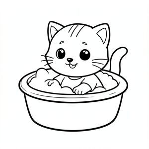 baby cat playing in simpe bath tube, tube full of foam, happy expression, Kawaii baby cat, big round head, tiny body, short legs, small paws, simple cute pose matching activity, large round eyes, small black nose, cute smile, chubby cheeks, 3 small lines on forehead, simple whiskers, small ears with inner detail, smooth tail curved, wearing simple shirt,  thick bold clean outline, same line weight, no color, no shading, no grayscale, no extra detail, large open spaces, simple background, kid friendly style, ages 3 to 6 --ar 2:3
