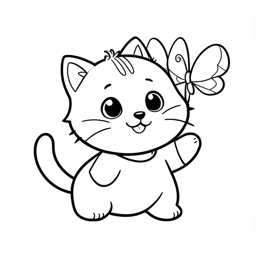 Baby cat playing with simple butterfly, happy, curious expression, Kawaii baby cat, big round head, tiny body, short legs, small paws, simple cute pose matching activity, large round eyes, small black nose, cute smile, chubby cheeks, 3 small lines on forehead, simple whiskers, 
small ears with inner detail, smooth tail curved, wearing simple shirt, thick bold clean outline, same line weight, no color, no shading, no grayscale, no extra detail, large open spaces, simple background, 
kid friendly style, ages 3 to 6 --ar 2:3