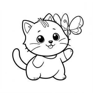 Baby cat playing with simple butterfly, happy, curious expression, Kawaii baby cat, big round head, tiny body, short legs, small paws, simple cute pose matching activity, large round eyes, small black nose, cute smile, chubby cheeks, 3 small lines on forehead, simple whiskers, 
small ears with inner detail, smooth tail curved, wearing simple shirt, thick bold clean outline, same line weight, no color, no shading, no grayscale, no extra detail, large open spaces, simple background, 
kid friendly style, ages 3 to 6 --ar 2:3