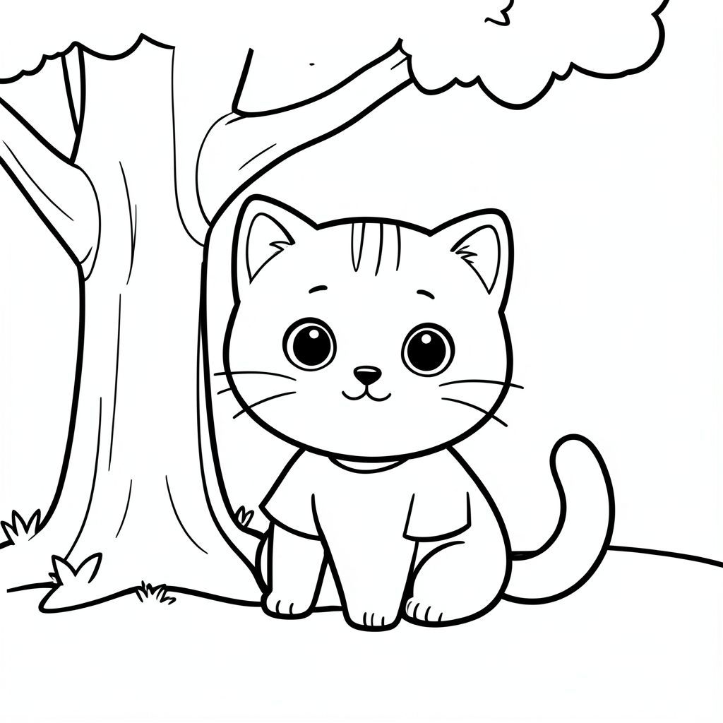 baby cat sitting under tree, minimal outdoor corner, relaxed expression, Kawaii baby cat, big round head, tiny body, short legs, small paws, simple cute pose matching activity, large round eyes, small black nose, cute smile, chubby cheeks, 3 small lines on forehead, simple whiskers, 
small ears with inner detail, smooth tail curved, wearing simple shirt, thick bold clean outline, same line weight, no color, no shading, no grayscale, no extra detail, large open spaces, simple background, 
kid friendly style, ages 3 to 6 --ar 2:3