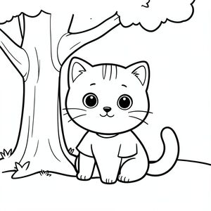 baby cat sitting under tree, minimal outdoor corner, relaxed expression, Kawaii baby cat, big round head, tiny body, short legs, small paws, simple cute pose matching activity, large round eyes, small black nose, cute smile, chubby cheeks, 3 small lines on forehead, simple whiskers, 
small ears with inner detail, smooth tail curved, wearing simple shirt, thick bold clean outline, same line weight, no color, no shading, no grayscale, no extra detail, large open spaces, simple background, 
kid friendly style, ages 3 to 6 --ar 2:3