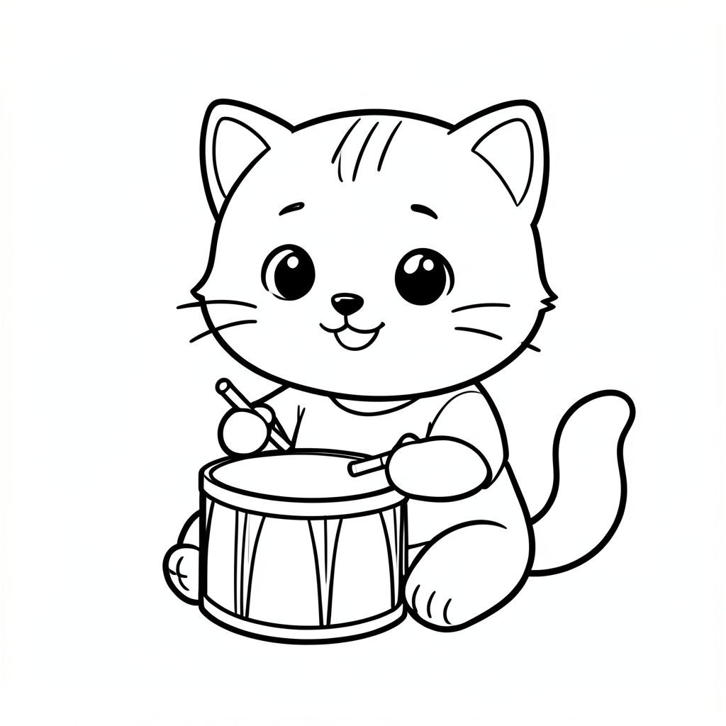 Baby cat sitting and playing a simple toy drum with sticks, cheerful expression, Kawaii baby cat, big round head, tiny body, short legs, small paws, simple cute pose matching activity, large round eyes, small black nose, cute smile, chubby cheeks, 3 small lines on forehead, simple whiskers, 
small ears with inner detail, smooth tail curved, wearing simple shirt, thick bold clean outline, same line weight, no color, no shading, no grayscale, no extra detail, large open spaces, simple background, 
kid friendly style, ages 3 to 6 --ar 2:3