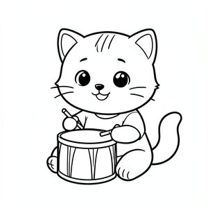 Baby cat sitting and playing a simple toy drum with sticks, cheerful expression, Kawaii baby cat, big round head, tiny body, short legs, small paws, simple cute pose matching activity, large round eyes, small black nose, cute smile, chubby cheeks, 3 small lines on forehead, simple whiskers, 
small ears with inner detail, smooth tail curved, wearing simple shirt, thick bold clean outline, same line weight, no color, no shading, no grayscale, no extra detail, large open spaces, simple background, 
kid friendly style, ages 3 to 6 --ar 2:3