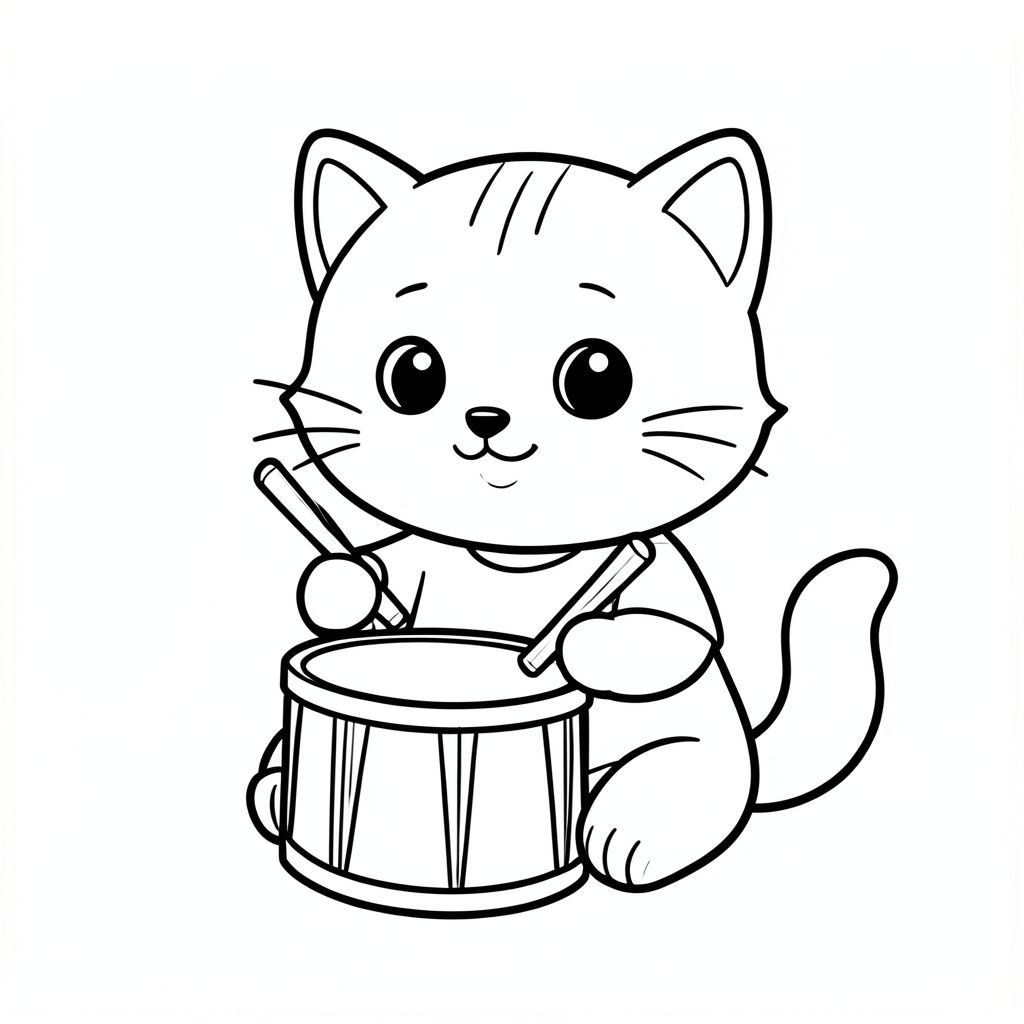 Baby cat sitting and playing a simple toy drum with sticks, drum sticks should be full and clear visible, cheerful expression, Kawaii baby cat, big round head, tiny body, short legs, small paws, simple cute pose matching activity, large round eyes, small black nose, cute smile, chubby cheeks, 3 small lines on forehead, simple whiskers, small ears with inner detail,  smooth tail curved, wearing simple shirt, thick bold clean outline, same line weight, no color, no shading, no grayscale, no extra detail, large open spaces, simple background, kid friendly style, ages 3 to 6 --ar 2:3