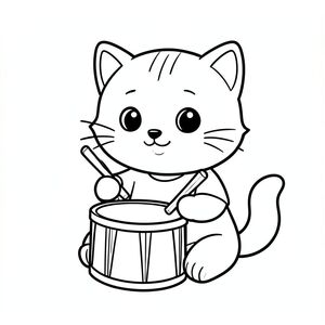 Baby cat sitting and playing a simple toy drum with sticks, drum sticks should be full and clear visible, cheerful expression, Kawaii baby cat, big round head, tiny body, short legs, small paws, simple cute pose matching activity, large round eyes, small black nose, cute smile, chubby cheeks, 3 small lines on forehead, simple whiskers, small ears with inner detail,  smooth tail curved, wearing simple shirt, thick bold clean outline, same line weight, no color, no shading, no grayscale, no extra detail, large open spaces, simple background, kid friendly style, ages 3 to 6 --ar 2:3