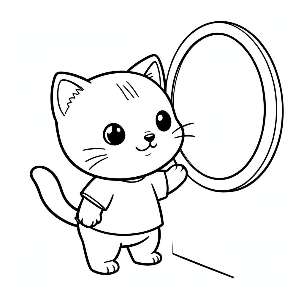 Baby cat standing and looking into a simple mirror, Kawaii baby cat, big round head, tiny body, short legs, small paws, simple cute pose matching activity, large round eyes, small black nose, cute smile, chubby cheeks, 3 small lines on forehead, simple whiskers, 
small ears with inner detail, smooth tail curved, wearing simple shirt, thick bold clean outline, same line weight, no color, no shading, no grayscale, no extra detail, large open spaces, simple background, 
kid friendly style, ages 3 to 6 --ar 2:3