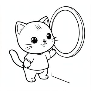 Baby cat standing and looking into a simple mirror, Kawaii baby cat, big round head, tiny body, short legs, small paws, simple cute pose matching activity, large round eyes, small black nose, cute smile, chubby cheeks, 3 small lines on forehead, simple whiskers, 
small ears with inner detail, smooth tail curved, wearing simple shirt, thick bold clean outline, same line weight, no color, no shading, no grayscale, no extra detail, large open spaces, simple background, 
kid friendly style, ages 3 to 6 --ar 2:3