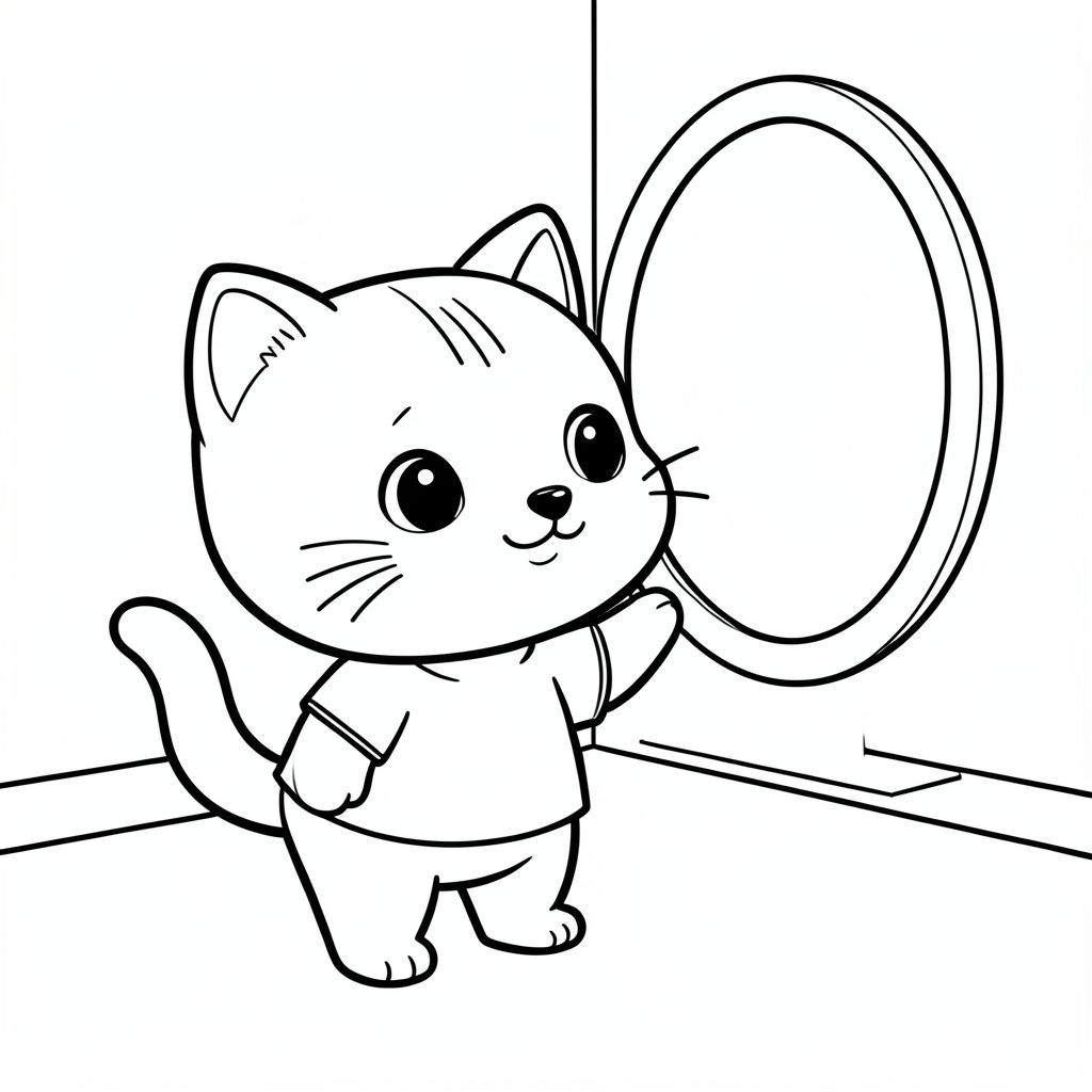Baby cat standing and looking into a simple mirror, curious happy expression, minimal room background, Kawaii baby cat, big round head, tiny body, short legs, small paws, simple cute pose matching activity, large round eyes, small black nose, cute smile, chubby cheeks, 3 small lines on forehead, simple whiskers, 
small ears with inner detail, smooth tail curved, wearing simple shirt, thick bold clean outline, same line weight, no color, no shading, no grayscale, no extra detail, large open spaces, simple background, 
kid friendly style, ages 3 to 6 --ar 2:3
