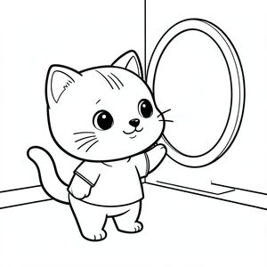Baby cat standing and looking into a simple mirror, curious happy expression, minimal room background, Kawaii baby cat, big round head, tiny body, short legs, small paws, simple cute pose matching activity, large round eyes, small black nose, cute smile, chubby cheeks, 3 small lines on forehead, simple whiskers, 
small ears with inner detail, smooth tail curved, wearing simple shirt, thick bold clean outline, same line weight, no color, no shading, no grayscale, no extra detail, large open spaces, simple background, 
kid friendly style, ages 3 to 6 --ar 2:3