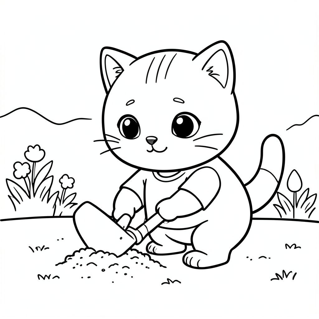 Baby cat using a small shovel to dig in the soil, cute focused expression, minimal garden background, Kawaii baby cat, big round head, tiny body, short legs, small paws, simple cute pose matching activity, large round eyes, small black nose, cute smile, chubby cheeks, 3 small lines on forehead, simple whiskers, 
small ears with inner detail, smooth tail curved, wearing simple shirt, thick bold clean outline, same line weight, no color, no shading, no grayscale, no extra detail, large open spaces, simple background, 
kid friendly style, ages 3 to 6 --ar 2:3