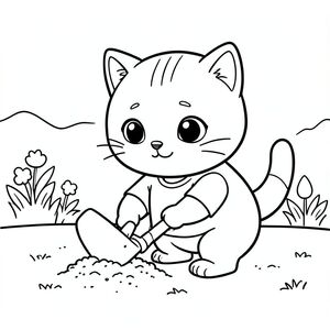 Baby cat using a small shovel to dig in the soil, cute focused expression, minimal garden background, Kawaii baby cat, big round head, tiny body, short legs, small paws, simple cute pose matching activity, large round eyes, small black nose, cute smile, chubby cheeks, 3 small lines on forehead, simple whiskers, 
small ears with inner detail, smooth tail curved, wearing simple shirt, thick bold clean outline, same line weight, no color, no shading, no grayscale, no extra detail, large open spaces, simple background, 
kid friendly style, ages 3 to 6 --ar 2:3