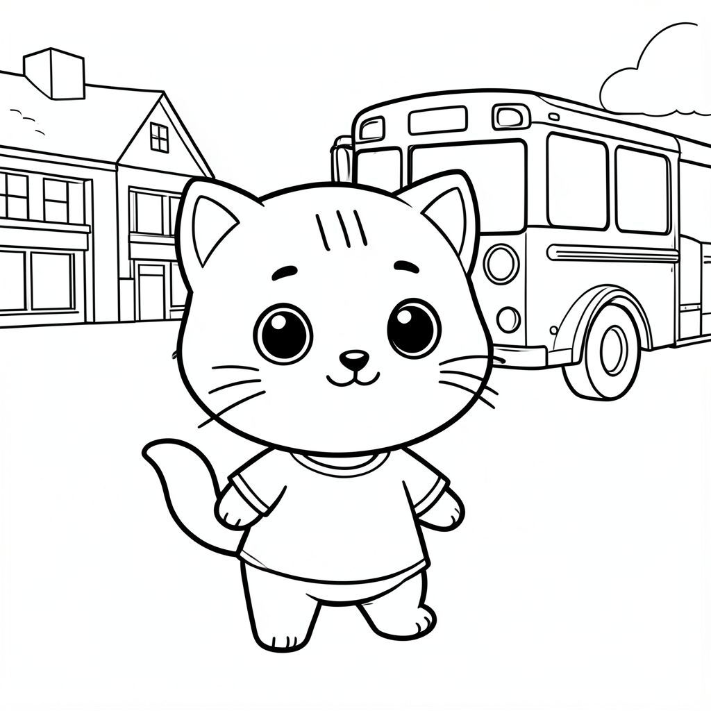 baby cat going to school, minimal school bachround, minimal school bus, Kawaii baby cat, big round head, tiny body, short legs, small paws, simple cute pose matching activity, large round eyes, small black nose, cute smile, chubby cheeks, 3 small lines on forehead, simple whiskers, 
small ears with inner detail, smooth tail curved, wearing simple shirt, thick bold clean outline, same line weight, no color, no shading, no grayscale, no extra detail, large open spaces, simple background, 
kid friendly style, ages 3 to 6 --ar 2:3