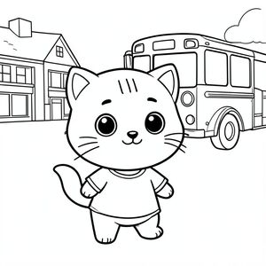 baby cat going to school, minimal school bachround, minimal school bus, Kawaii baby cat, big round head, tiny body, short legs, small paws, simple cute pose matching activity, large round eyes, small black nose, cute smile, chubby cheeks, 3 small lines on forehead, simple whiskers, 
small ears with inner detail, smooth tail curved, wearing simple shirt, thick bold clean outline, same line weight, no color, no shading, no grayscale, no extra detail, large open spaces, simple background, 
kid friendly style, ages 3 to 6 --ar 2:3