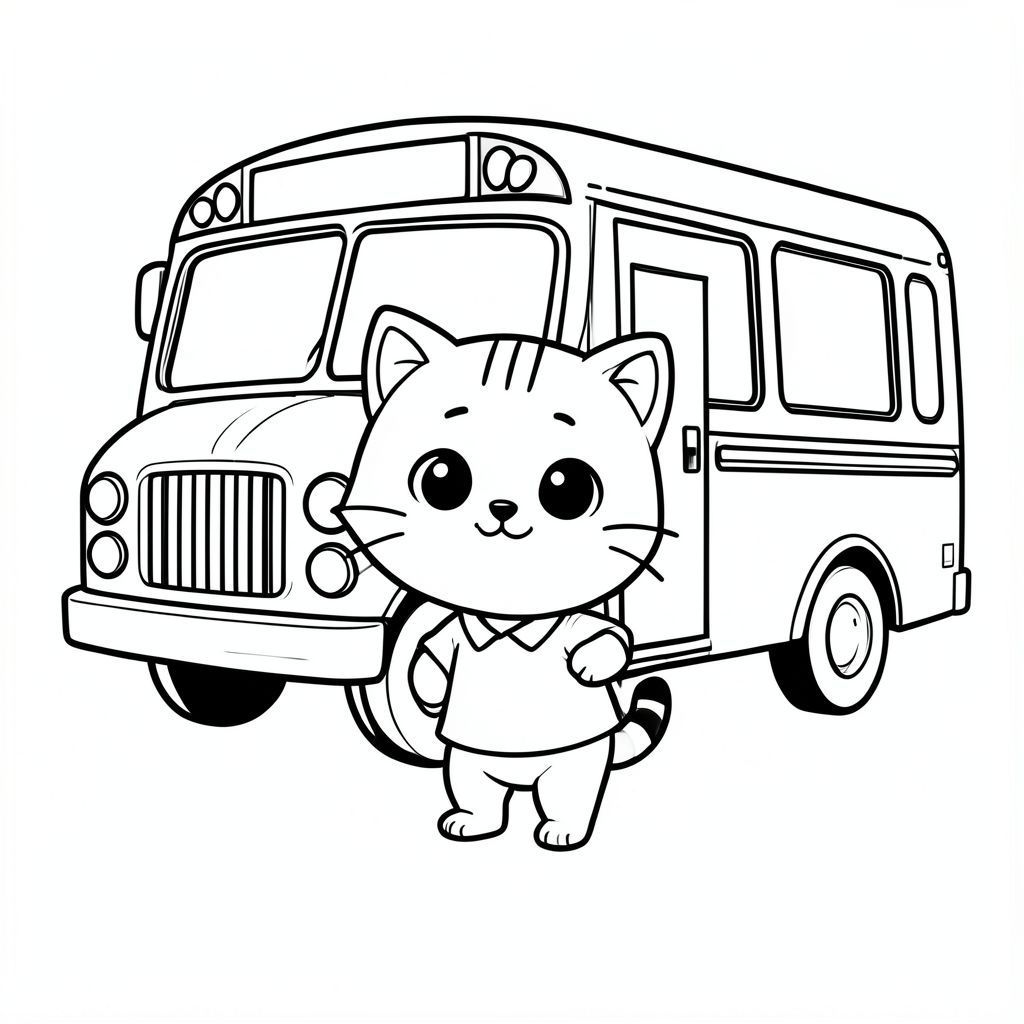 Baby cat entering the school bus, minimal school bus, Kawaii baby cat, big round head, tiny body, short legs, small paws, simple cute pose matching activity, large round eyes, small black nose, cute smile, chubby cheeks, 3 small lines on forehead, simple whiskers, small ears with inner detail, smooth tail curved, wearing simple shirt, thick bold clean outline,  same line weight, no color, no shading, no grayscale, no extra detail, large open spaces, simple background, kid friendly style, ages 3 to 6 --ar 2:3