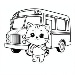 Baby cat entering the school bus, minimal school bus, Kawaii baby cat, big round head, tiny body, short legs, small paws, simple cute pose matching activity, large round eyes, small black nose, cute smile, chubby cheeks, 3 small lines on forehead, simple whiskers, small ears with inner detail, smooth tail curved, wearing simple shirt, thick bold clean outline,  same line weight, no color, no shading, no grayscale, no extra detail, large open spaces, simple background, kid friendly style, ages 3 to 6 --ar 2:3