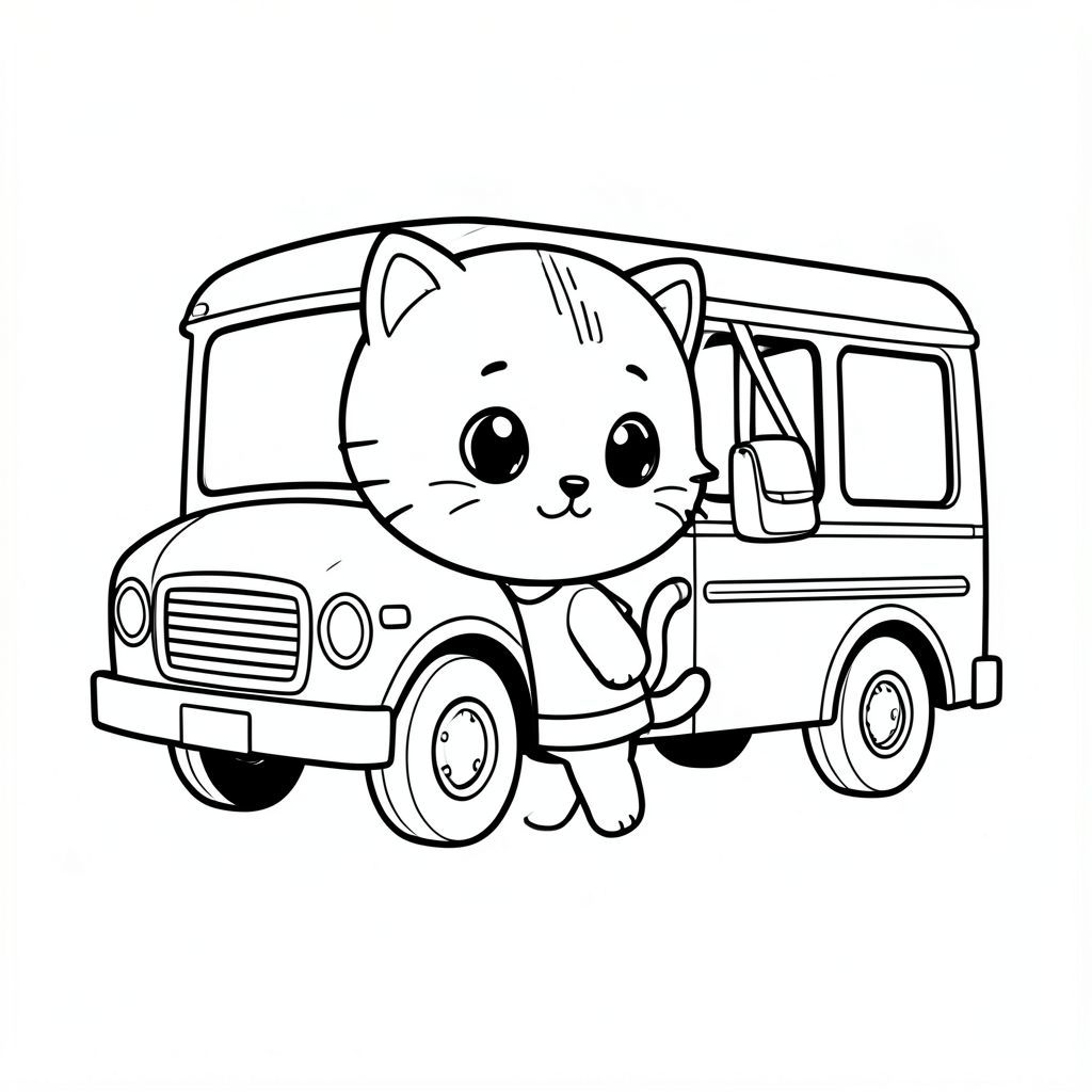 Baby cat baording the school bus, minimal school bus, school bag hang on back, miniKawaii baby cat, big round head, tiny body, short legs, small paws, simple cute pose matching activity, large round eyes, small black nose, cute smile, chubby cheeks, 3 small lines on forehead, simple whiskers, small ears with inner detail, smooth tail curved,  wearing simple shirt, thick bold clean outline, same line weight, no color, no shading, no grayscale, no extra detail, large open spaces, simple background, kid friendly style, ages 3 to 6 --ar 2:3