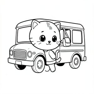 Baby cat baording the school bus, minimal school bus, school bag hang on back, miniKawaii baby cat, big round head, tiny body, short legs, small paws, simple cute pose matching activity, large round eyes, small black nose, cute smile, chubby cheeks, 3 small lines on forehead, simple whiskers, small ears with inner detail, smooth tail curved,  wearing simple shirt, thick bold clean outline, same line weight, no color, no shading, no grayscale, no extra detail, large open spaces, simple background, kid friendly style, ages 3 to 6 --ar 2:3