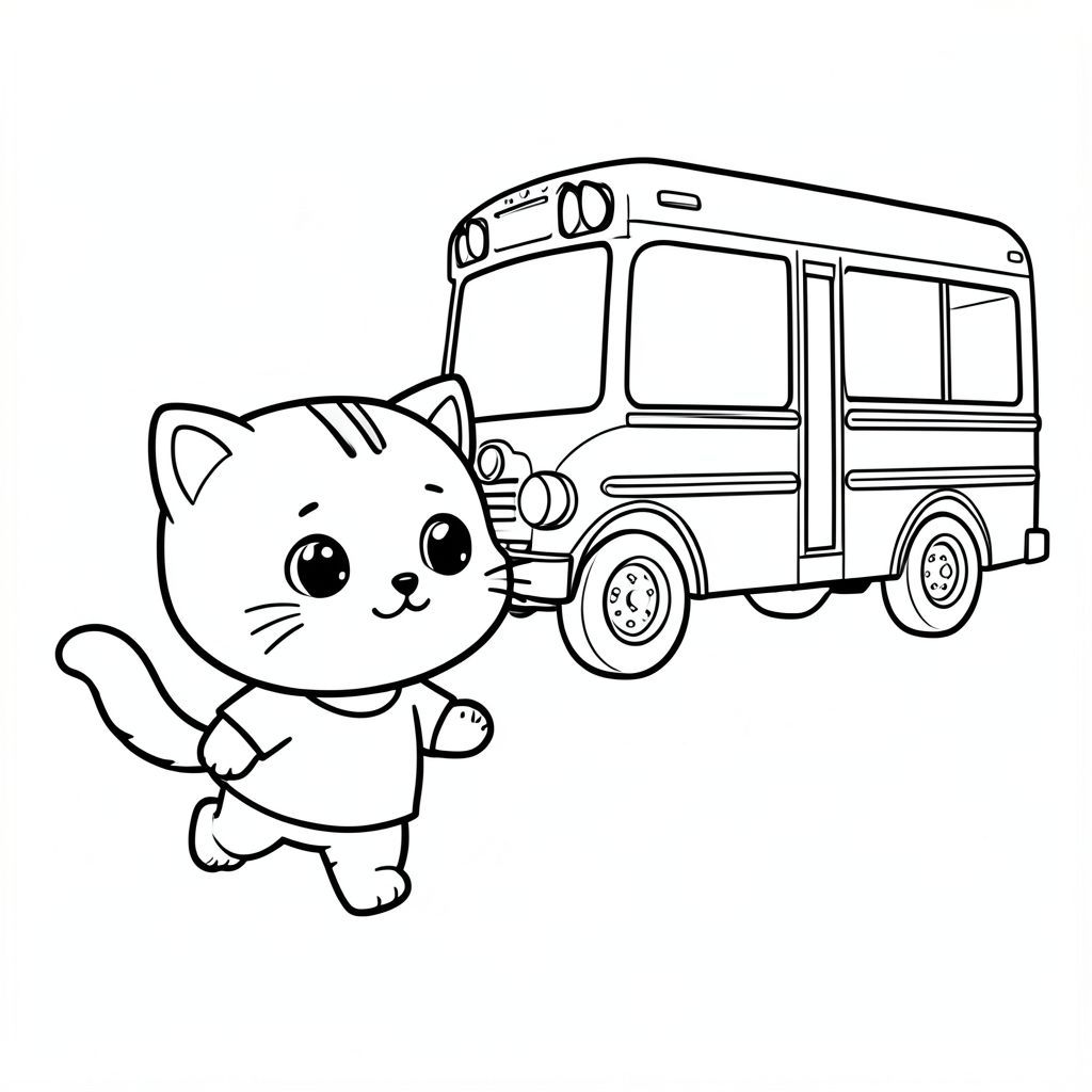 Baby cat running towards a simple school bus stopping nearby, bus is very simple shape with large windows and wheels, Kawaii baby cat, big round head, tiny body, short legs, small paws, simple cute pose matching activity, large round eyes, small black nose, cute smile, chubby cheeks, 3 small lines on forehead, simple whiskers, 
small ears with inner detail, smooth tail curved, wearing simple shirt, thick bold clean outline, same line weight, no color, no shading, no grayscale, no extra detail, large open spaces, simple background, 
kid friendly style, ages 3 to 6 --ar 2:3