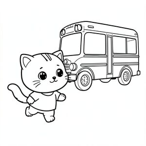 Baby cat running towards a simple school bus stopping nearby, bus is very simple shape with large windows and wheels, Kawaii baby cat, big round head, tiny body, short legs, small paws, simple cute pose matching activity, large round eyes, small black nose, cute smile, chubby cheeks, 3 small lines on forehead, simple whiskers, 
small ears with inner detail, smooth tail curved, wearing simple shirt, thick bold clean outline, same line weight, no color, no shading, no grayscale, no extra detail, large open spaces, simple background, 
kid friendly style, ages 3 to 6 --ar 2:3