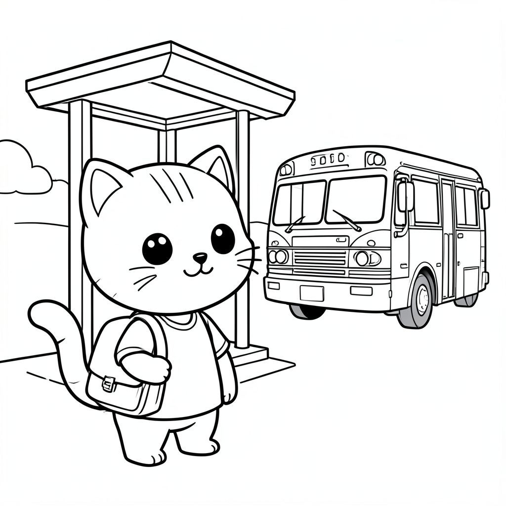 Kawaii baby cat standing at a simple bus stop, holding school bag, looking at arriving school bus, cute smiling face, Kawaii baby cat, big round head, tiny body, short legs, small paws, simple cute pose matching activity, large round eyes, small black nose, cute smile, chubby cheeks, 3 small lines on forehead, simple whiskers, 
small ears with inner detail, smooth tail curved, wearing simple shirt, thick bold clean outline, same line weight, no color, no shading, no grayscale, no extra detail, large open spaces, simple background, 
kid friendly style, ages 3 to 6 --ar 2:3