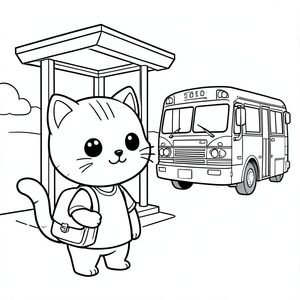 Kawaii baby cat standing at a simple bus stop, holding school bag, looking at arriving school bus, cute smiling face, Kawaii baby cat, big round head, tiny body, short legs, small paws, simple cute pose matching activity, large round eyes, small black nose, cute smile, chubby cheeks, 3 small lines on forehead, simple whiskers, 
small ears with inner detail, smooth tail curved, wearing simple shirt, thick bold clean outline, same line weight, no color, no shading, no grayscale, no extra detail, large open spaces, simple background, 
kid friendly style, ages 3 to 6 --ar 2:3