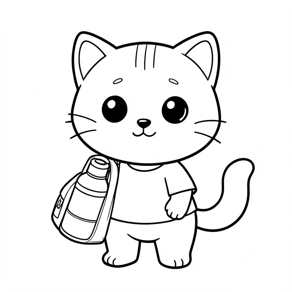 baby cat with school bag holding water bootle in hand, Kawaii baby cat, big round head, tiny body, short legs, small paws, simple cute pose matching activity, large round eyes, small black nose, cute smile, chubby cheeks, 3 small lines on forehead, simple whiskers, 
small ears with inner detail, smooth tail curved, wearing simple shirt, thick bold clean outline, same line weight, no color, no shading, no grayscale, no extra detail, large open spaces, simple background, 
kid friendly style, ages 3 to 6 --ar 2:3