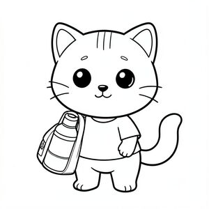 baby cat with school bag holding water bootle in hand, Kawaii baby cat, big round head, tiny body, short legs, small paws, simple cute pose matching activity, large round eyes, small black nose, cute smile, chubby cheeks, 3 small lines on forehead, simple whiskers, 
small ears with inner detail, smooth tail curved, wearing simple shirt, thick bold clean outline, same line weight, no color, no shading, no grayscale, no extra detail, large open spaces, simple background, 
kid friendly style, ages 3 to 6 --ar 2:3
