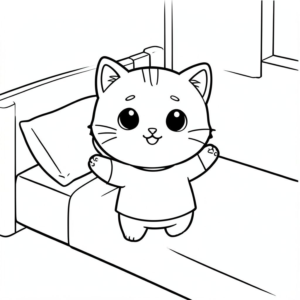 Kawaii baby cat waking up from sleep, stretching arms and smiling, minimial bedroom scene with bed and pillow, Kawaii baby cat, big round head, tiny body, short legs, small paws, simple cute pose matching activity, large round eyes, small black nose, cute smile, chubby cheeks, 3 small lines on forehead, simple whiskers, small ears with inner detail,  smooth tail curved, wearing simple shirt, thick bold clean outline, same line weight, no color, no shading, no grayscale, no extra detail, large open spaces, simple background, kid friendly style, ages 3 to 6 --ar 2:3