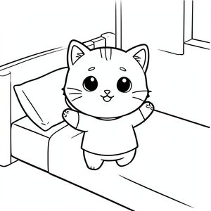 Kawaii baby cat waking up from sleep, stretching arms and smiling, minimial bedroom scene with bed and pillow, Kawaii baby cat, big round head, tiny body, short legs, small paws, simple cute pose matching activity, large round eyes, small black nose, cute smile, chubby cheeks, 3 small lines on forehead, simple whiskers, small ears with inner detail,  smooth tail curved, wearing simple shirt, thick bold clean outline, same line weight, no color, no shading, no grayscale, no extra detail, large open spaces, simple background, kid friendly style, ages 3 to 6 --ar 2:3