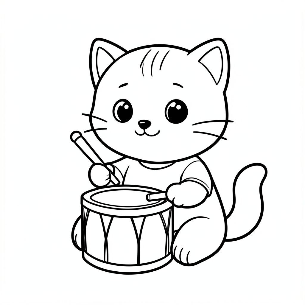 Baby cat sitting and playing a simple toy drum with sticks, cheerful expression, drum stcik must be clear and clean with neck, shoulder, shaft, and butt end, Kawaii baby cat, big round head, tiny body, short legs, small paws, simple cute pose matching activity, large round eyes, small black nose, cute smile, chubby cheeks, 3 small lines on forehead,  simple whiskers, 
small ears with inner detail, smooth tail curved, wearing simple shirt, thick bold clean outline, same line weight, no color, no shading, no grayscale, no extra detail, large open spaces, simple background, 
kid friendly style, ages 3 to 6 --ar 2:3