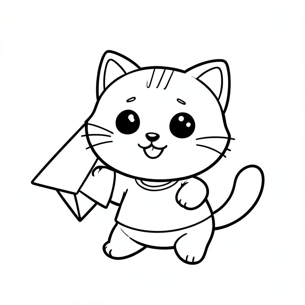 kawaii baby cat playing with big simple paper plane, happy expression, Kawaii baby cat, big round head, tiny body, short legs, small paws, simple cute pose matching activity, large round eyes, small black nose, cute smile, chubby cheeks, 3 small lines on forehead, simple whiskers, small ears with inner detail, smooth tail curved, wearing simple shirt,  thick bold clean outline, same line weight, no color, no shading, no grayscale, no extra detail, large open spaces, simple background, kid friendly style, ages 3 to 6 --ar 2:3