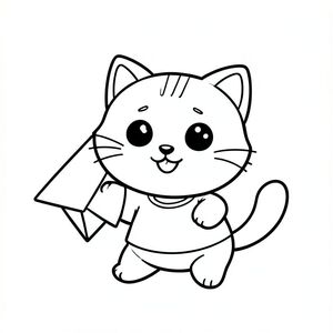 kawaii baby cat playing with big simple paper plane, happy expression, Kawaii baby cat, big round head, tiny body, short legs, small paws, simple cute pose matching activity, large round eyes, small black nose, cute smile, chubby cheeks, 3 small lines on forehead, simple whiskers, small ears with inner detail, smooth tail curved, wearing simple shirt,  thick bold clean outline, same line weight, no color, no shading, no grayscale, no extra detail, large open spaces, simple background, kid friendly style, ages 3 to 6 --ar 2:3