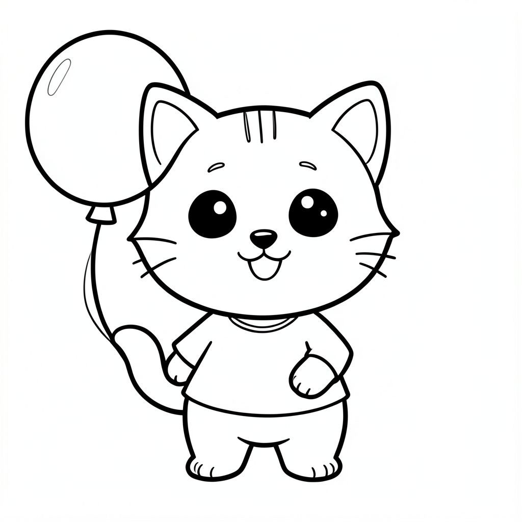 kawaii baby cat holding ballon, joyfull expression, Kawaii baby cat, big round head, tiny body, short legs, small paws, simple cute pose matching activity, large round eyes, small black nose, cute smile, chubby cheeks, 3 small lines on forehead, simple whiskers, 
small ears with inner detail, smooth tail curved, wearing simple shirt, thick bold clean outline, same line weight, no color, no shading, no grayscale, no extra detail, large open spaces, simple background, 
kid friendly style, ages 3 to 6 --ar 2:3