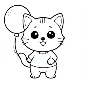kawaii baby cat holding ballon, joyfull expression, Kawaii baby cat, big round head, tiny body, short legs, small paws, simple cute pose matching activity, large round eyes, small black nose, cute smile, chubby cheeks, 3 small lines on forehead, simple whiskers, 
small ears with inner detail, smooth tail curved, wearing simple shirt, thick bold clean outline, same line weight, no color, no shading, no grayscale, no extra detail, large open spaces, simple background, 
kid friendly style, ages 3 to 6 --ar 2:3