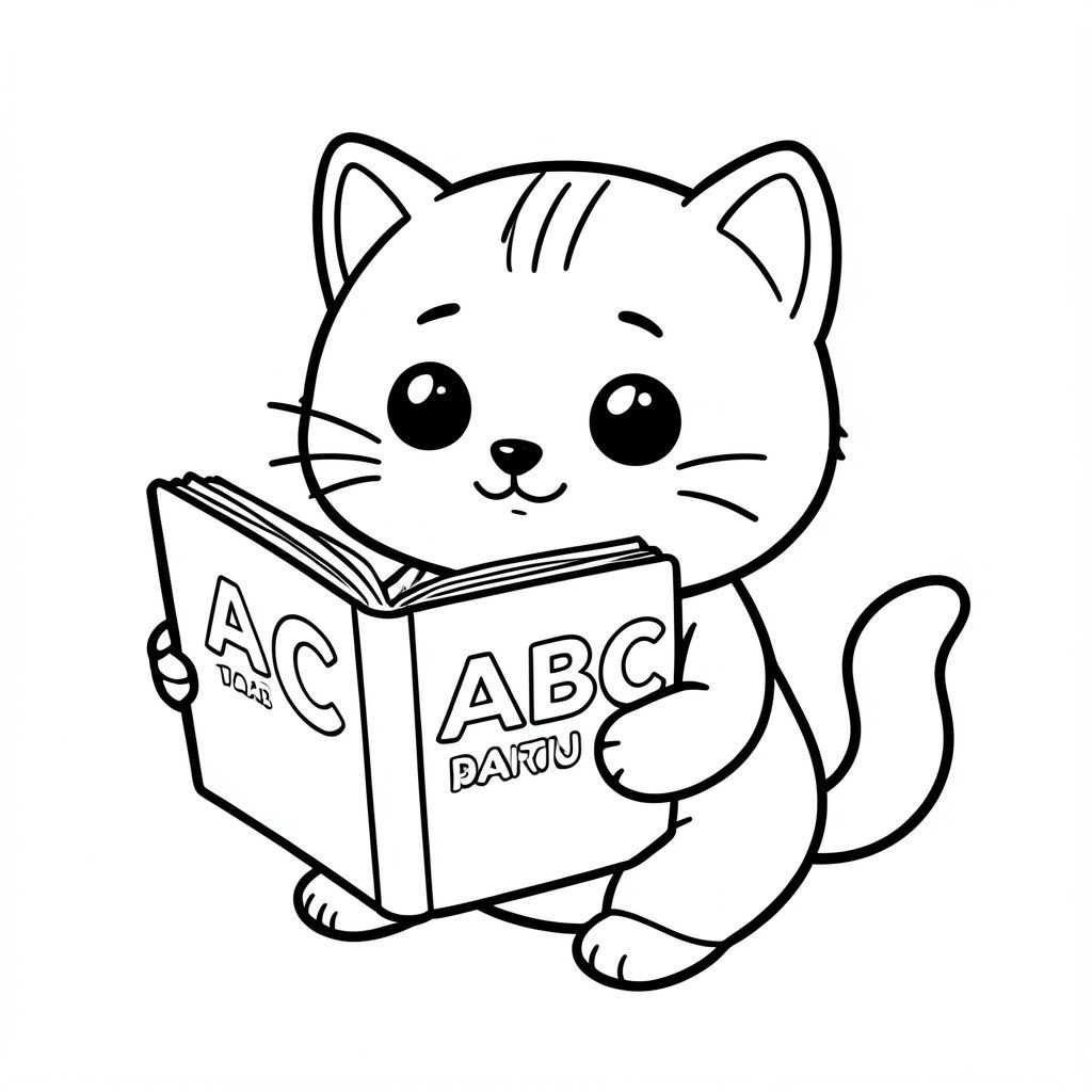 kawaii baby cat reading big book, book cover with ABC clear visible, curious expression, Kawaii baby cat, big round head, tiny body, short legs, small paws, simple cute pose matching activity, large round eyes, small black nose, cute smile, chubby cheeks, 3 small lines on forehead, simple whiskers, 
small ears with inner detail, smooth tail curved, wearing simple shirt, thick bold clean outline, same line weight, no color, no shading, no grayscale, no extra detail, large open spaces, simple background, 
kid friendly style, ages 3 to 6 --ar 2:3