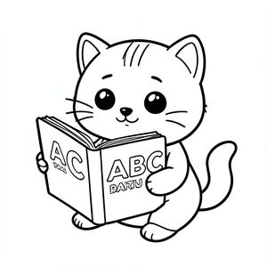 kawaii baby cat reading big book, book cover with ABC clear visible, curious expression, Kawaii baby cat, big round head, tiny body, short legs, small paws, simple cute pose matching activity, large round eyes, small black nose, cute smile, chubby cheeks, 3 small lines on forehead, simple whiskers, 
small ears with inner detail, smooth tail curved, wearing simple shirt, thick bold clean outline, same line weight, no color, no shading, no grayscale, no extra detail, large open spaces, simple background, 
kid friendly style, ages 3 to 6 --ar 2:3