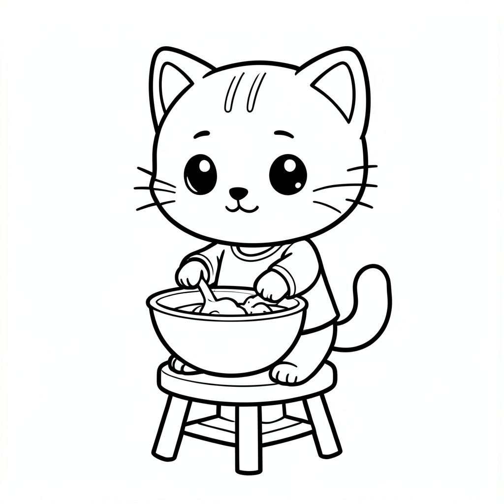 Kawaii baby cat standing on stool mixing something in a bowl, cute focused expression, Kawaii baby cat, big round head, tiny body, short legs, small paws, simple cute pose matching activity, large round eyes, small black nose, cute smile, chubby cheeks, 3 small lines on forehead, simple whiskers, 
small ears with inner detail, smooth tail curved, wearing simple shirt, thick bold clean outline, same line weight, no color, no shading, no grayscale, no extra detail, large open spaces, simple background, 
kid friendly style, ages 3 to 6 --ar 2:3

I