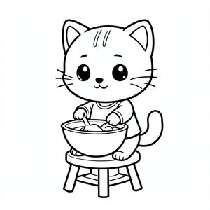 Kawaii baby cat standing on stool mixing something in a bowl, cute focused expression, Kawaii baby cat, big round head, tiny body, short legs, small paws, simple cute pose matching activity, large round eyes, small black nose, cute smile, chubby cheeks, 3 small lines on forehead, simple whiskers, 
small ears with inner detail, smooth tail curved, wearing simple shirt, thick bold clean outline, same line weight, no color, no shading, no grayscale, no extra detail, large open spaces, simple background, 
kid friendly style, ages 3 to 6 --ar 2:3

I