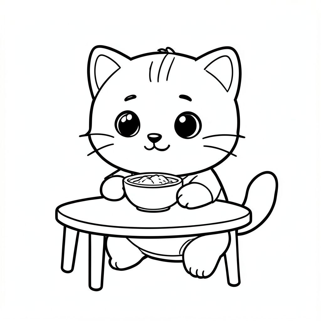 kawaii baby cat eating breakfast from a small bowl, at simple table, Kawaii baby cat, big round head, tiny body, short legs, small paws, simple cute pose matching activity, large round eyes, small black nose, cute smile, chubby cheeks, 3 small lines on forehead, simple whiskers, 
small ears with inner detail, smooth tail curved, wearing simple shirt, thick bold clean outline, same line weight, no color, no shading, no grayscale, no extra detail, large open spaces, simple background, 
kid friendly style, ages 3 to 6 --ar 2:3

