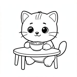 kawaii baby cat eating breakfast from a small bowl, at simple table, Kawaii baby cat, big round head, tiny body, short legs, small paws, simple cute pose matching activity, large round eyes, small black nose, cute smile, chubby cheeks, 3 small lines on forehead, simple whiskers, 
small ears with inner detail, smooth tail curved, wearing simple shirt, thick bold clean outline, same line weight, no color, no shading, no grayscale, no extra detail, large open spaces, simple background, 
kid friendly style, ages 3 to 6 --ar 2:3

