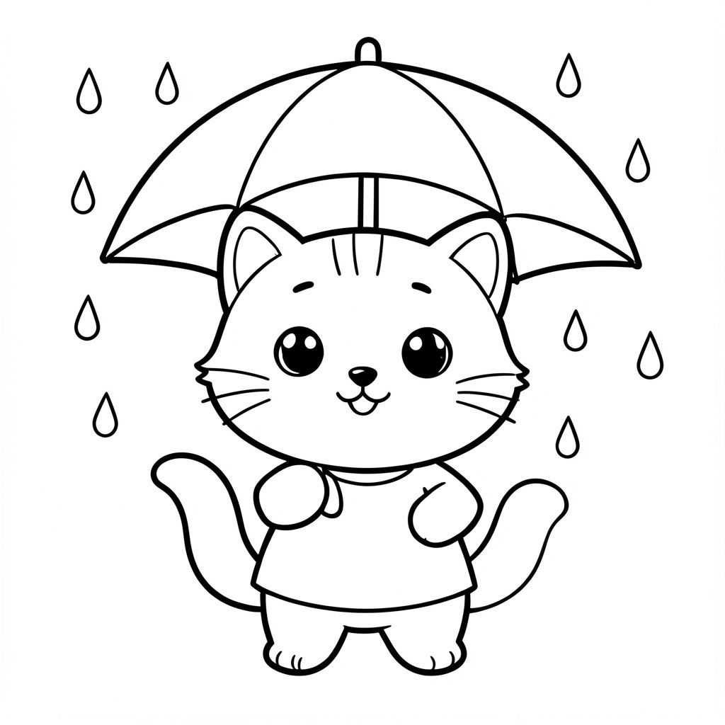 kawaii baby cat holding simple umbrella, light rain drops around, happy expression, Kawaii baby cat, big round head, tiny body, short legs, small paws, simple cute pose matching activity, large round eyes, small black nose, cute smile, chubby cheeks, 3 small lines on forehead, simple whiskers, 
small ears with inner detail, smooth tail curved, wearing simple shirt, thick bold clean outline, same line weight, no color, no shading, no grayscale, no extra detail, large open spaces, simple background, 
kid friendly style, ages 3 to 6 --ar 2:3

