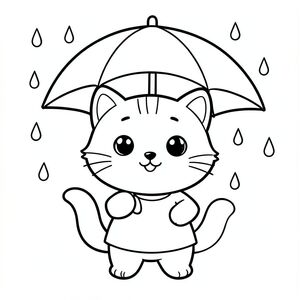 kawaii baby cat holding simple umbrella, light rain drops around, happy expression, Kawaii baby cat, big round head, tiny body, short legs, small paws, simple cute pose matching activity, large round eyes, small black nose, cute smile, chubby cheeks, 3 small lines on forehead, simple whiskers, 
small ears with inner detail, smooth tail curved, wearing simple shirt, thick bold clean outline, same line weight, no color, no shading, no grayscale, no extra detail, large open spaces, simple background, 
kid friendly style, ages 3 to 6 --ar 2:3

