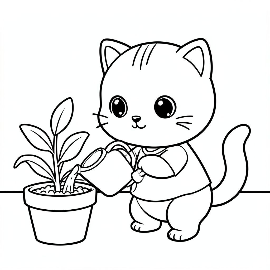 kawaii baby cat holding a watering can, watering a simple plant in pot, cute garden corner, Kawaii baby cat, big round head, tiny body, short legs, small paws, simple cute pose matching activity, large round eyes, small black nose, cute smile, chubby cheeks, 3 small lines on forehead, simple whiskers, 
small ears with inner detail, smooth tail curved, wearing simple shirt, thick bold clean outline, same line weight, no color, no shading, no grayscale, no extra detail, large open spaces, simple background, 
kid friendly style, ages 3 to 6 --ar 2:3

