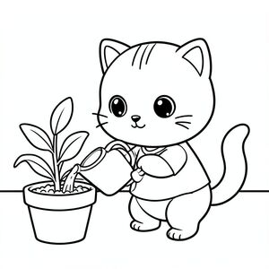 kawaii baby cat holding a watering can, watering a simple plant in pot, cute garden corner, Kawaii baby cat, big round head, tiny body, short legs, small paws, simple cute pose matching activity, large round eyes, small black nose, cute smile, chubby cheeks, 3 small lines on forehead, simple whiskers, 
small ears with inner detail, smooth tail curved, wearing simple shirt, thick bold clean outline, same line weight, no color, no shading, no grayscale, no extra detail, large open spaces, simple background, 
kid friendly style, ages 3 to 6 --ar 2:3


