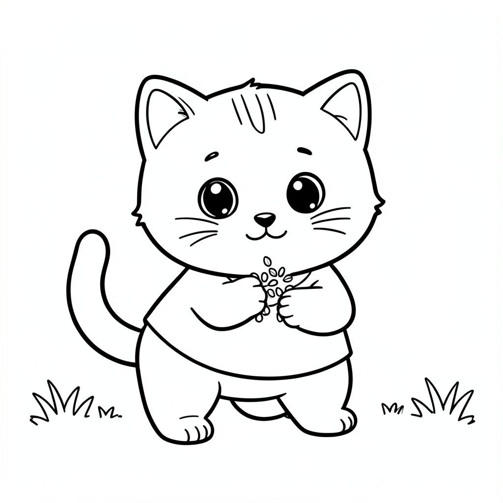 Baby cat standing and feeding small birds with seeds, birds clear, clean, visibe, gentle outdoor scene, minimal grass, Kawaii baby cat, big round head, tiny body, short legs, small paws, simple cute pose matching activity, large round eyes, small black nose, cute smile, chubby cheeks, 3 small lines on forehead, simple whiskers, 
small ears with inner detail, smooth tail curved, wearing simple shirt, thick bold clean outline, same line weight, no color, no shading, no grayscale, no extra detail, large open spaces, simple background, 
kid friendly style, ages 3 to 6 --ar 2:3

