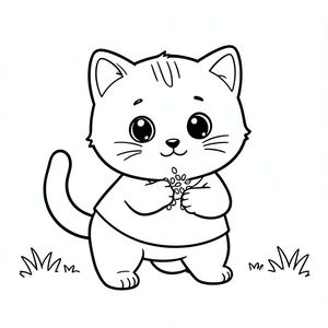 Baby cat standing and feeding small birds with seeds, birds clear, clean, visibe, gentle outdoor scene, minimal grass, Kawaii baby cat, big round head, tiny body, short legs, small paws, simple cute pose matching activity, large round eyes, small black nose, cute smile, chubby cheeks, 3 small lines on forehead, simple whiskers, 
small ears with inner detail, smooth tail curved, wearing simple shirt, thick bold clean outline, same line weight, no color, no shading, no grayscale, no extra detail, large open spaces, simple background, 
kid friendly style, ages 3 to 6 --ar 2:3

