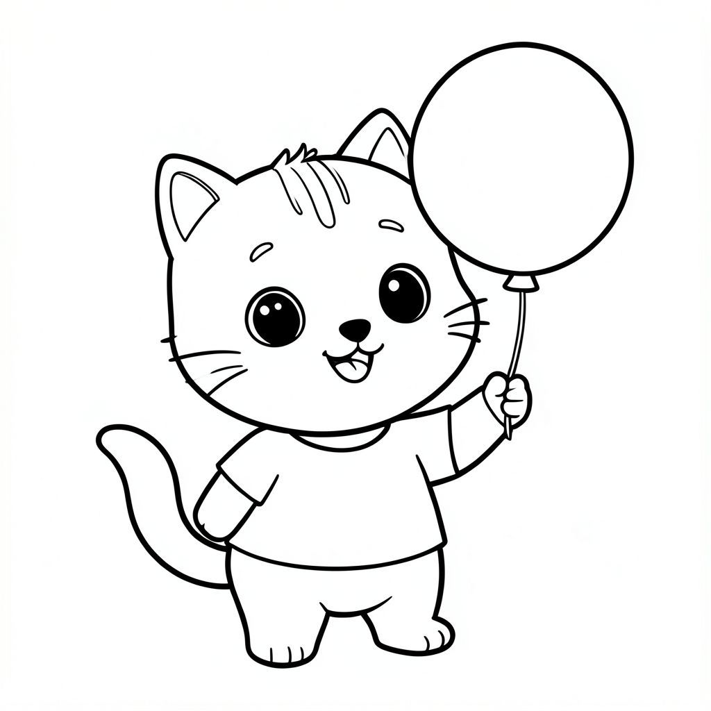 kawaii baby cat holding ballon, clear picture of ballon holding in right hand, hand holding ballon must be clear, clean, visiblle, happy, joyfull expression, Kawaii baby cat, big round head, tiny body, short legs, small paws, simple cute pose matching activity, large round eyes, small black nose, cute smile, chubby cheeks, 3 small lines on forehead,  simple whiskers, small ears with inner detail, smooth tail curved, wearing simple shirt, thick bold clean outline, same line weight, no color, no shading, no grayscale, no extra detail, large open spaces, simple background, kid friendly style, ages 3 to 6 --ar 2:3