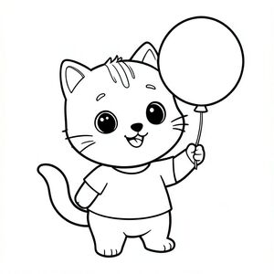 kawaii baby cat holding ballon, clear picture of ballon holding in right hand, hand holding ballon must be clear, clean, visiblle, happy, joyfull expression, Kawaii baby cat, big round head, tiny body, short legs, small paws, simple cute pose matching activity, large round eyes, small black nose, cute smile, chubby cheeks, 3 small lines on forehead,  simple whiskers, small ears with inner detail, smooth tail curved, wearing simple shirt, thick bold clean outline, same line weight, no color, no shading, no grayscale, no extra detail, large open spaces, simple background, kid friendly style, ages 3 to 6 --ar 2:3